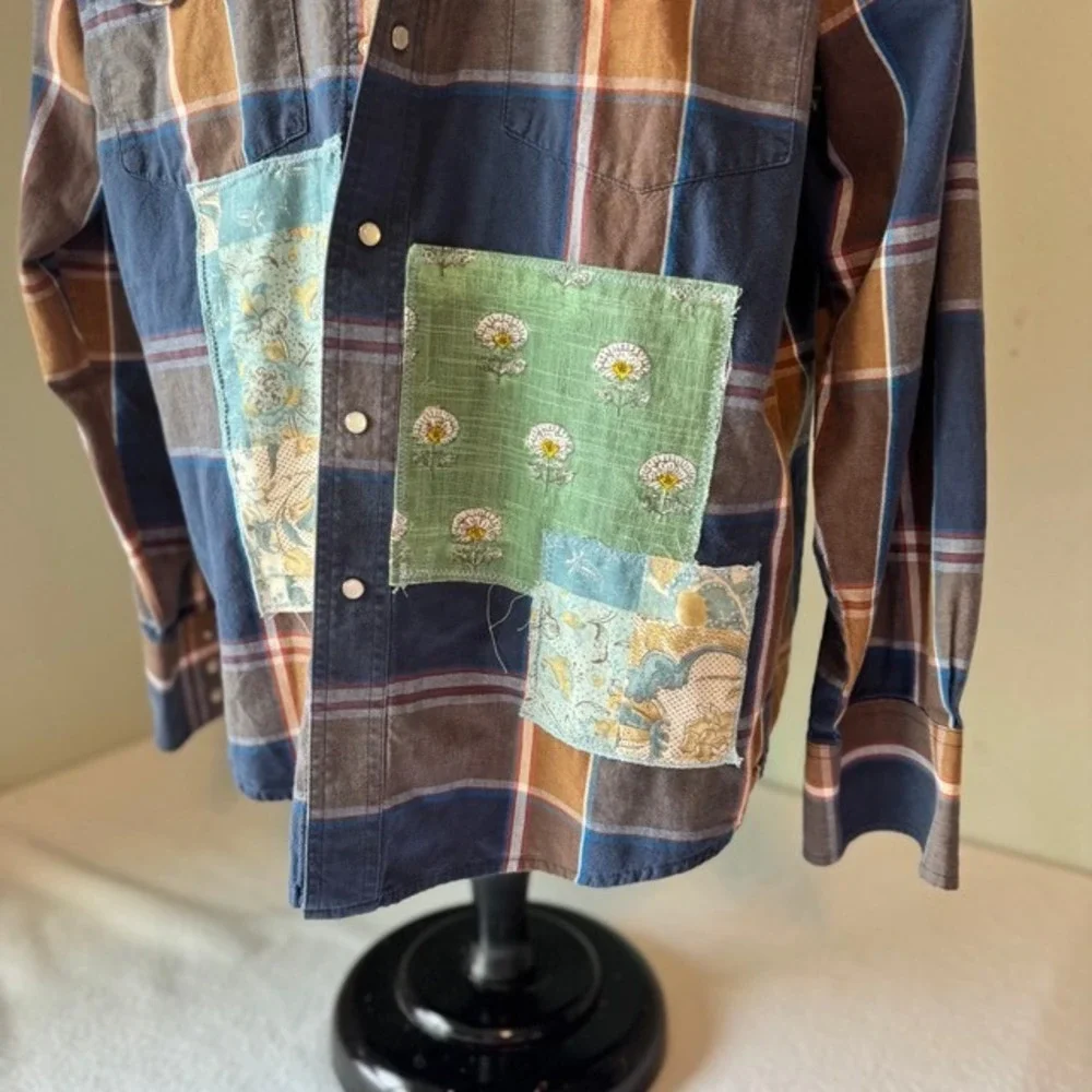 Upcycled Wrangler Custom Western Shirt Plaid Pearl Snap Bird Floral Blue Brown‎ - Picture 5 of 8